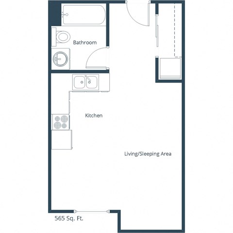 Floor plan for studio, 1 bath, 565 sqft