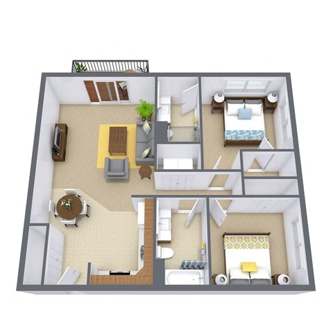 Floor plan for 2 beds, 1.8 baths, 919 sqft