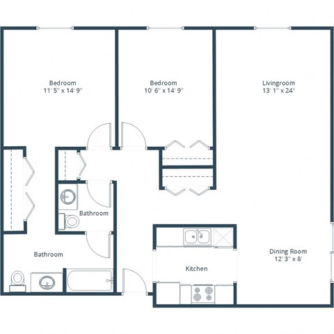 Floor plan for 2 beds, 1.5 baths, 1064 sqft