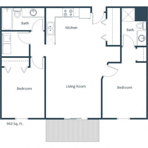 Floor plan for 2 beds, 1.8 baths, 963 sqft
