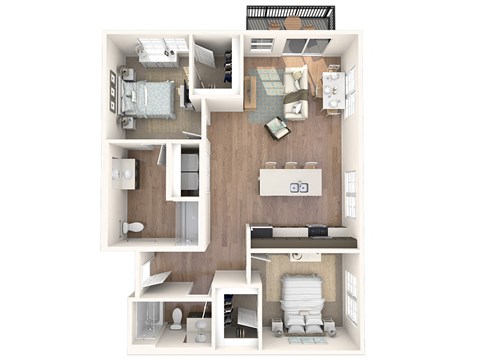 Floor plan for 2 beds, 2 baths, 1048 sqft