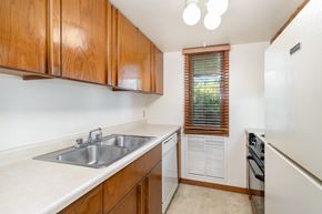 Golden Valley apartment for rent - a kitchen with a sink and a refrigerator and wooden cabinets.  Golden Valley, MN Valley View Apartments