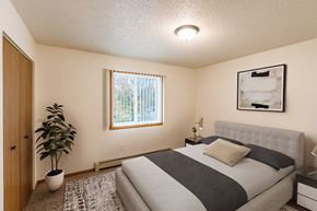 Grand Forks apartment for rent - a bedroom with a bed and a potted plant. Grand Forks, ND Southview III Apartments.