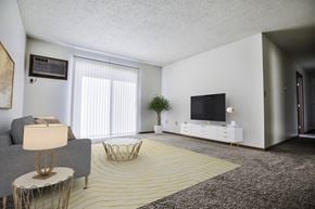 Grand Forks apartment for rent - Grand Forks, ND Sunview apartments. a living room with a large yellow rug and a flatscreen tv