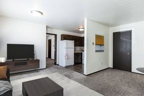 Grand Forks apartment for rent - a living room with a tv and a kitchen in the background
