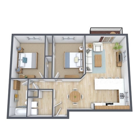 Floor plan for 2 beds, 1 bath, 850 sqft