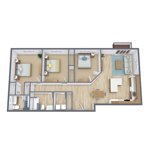 Floor plan for 3 beds, 2 baths, 1300 sqft
