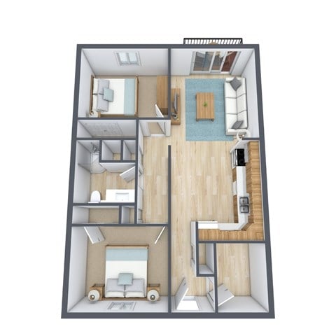 Floor plan for 2 beds, 1 bath, 988 sqft