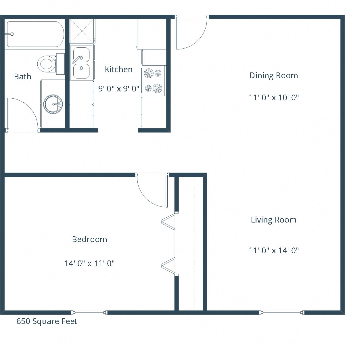 Floor plan for 1 bed, 1 bath, 650 sqft