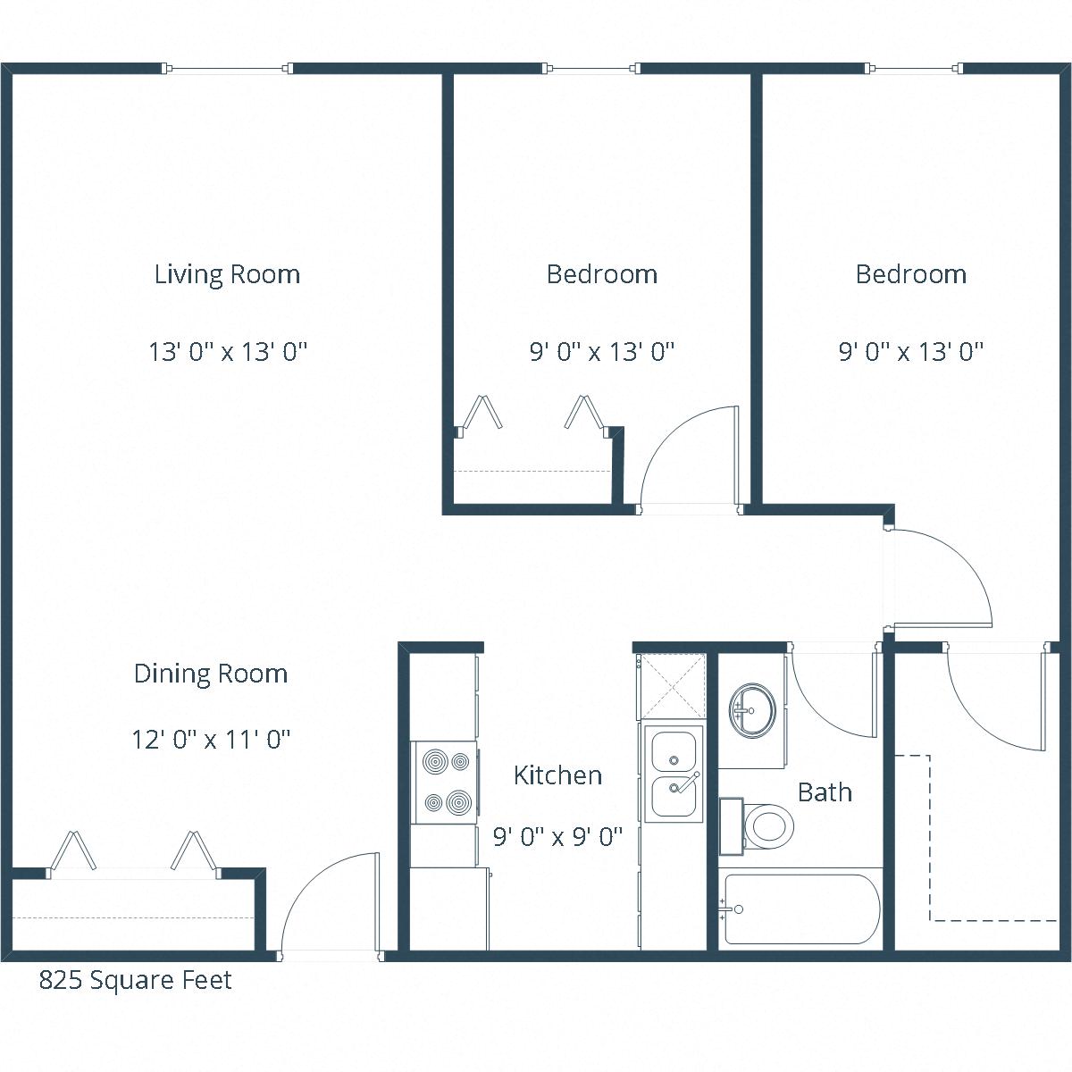 Floor plan for 2 beds, 1 bath, 825 sqft