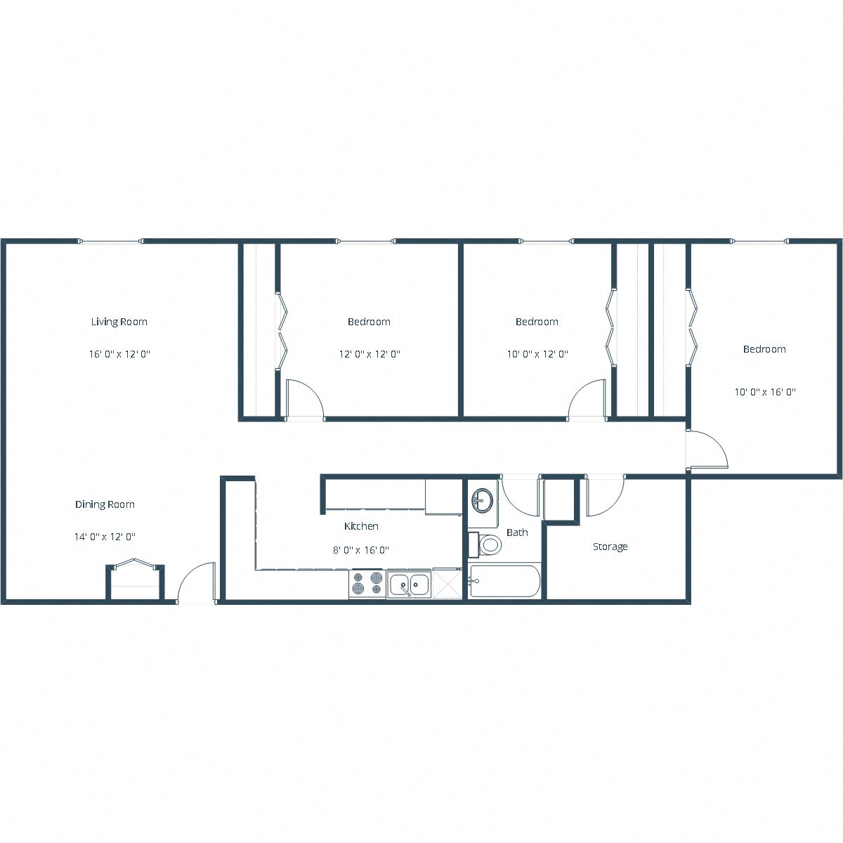 Floor plan for 3 beds, 1 bath, 975 sqft