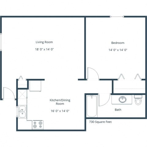 Floor plan for 1 bed, 1 bath, 610 sqft
