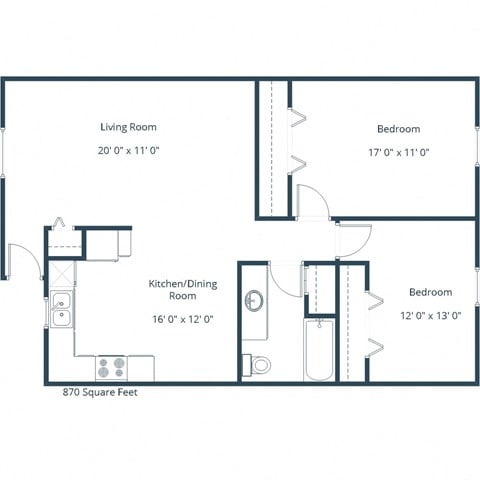 Floor plan for 2 beds, 1 bath, 870 sqft
