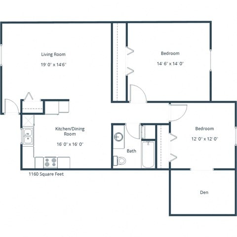 Floor plan for 2 beds, 1 bath, 1026 sqft