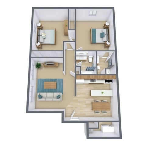 Floor plan for 2 beds, 2 baths, 1000 sqft