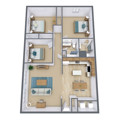 Floor plan for 3 beds, 2 baths, 1050 sqft