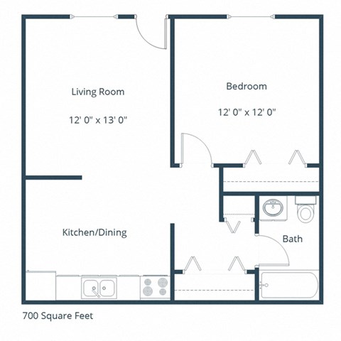 Floor plan for 1 bed, 1 bath, 700 sqft