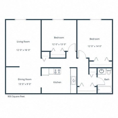 Floor plan for 2 beds, 1 bath, 900 sqft