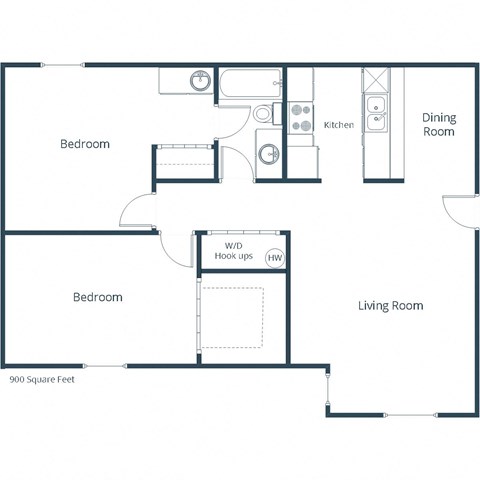 Floor plan for 2 beds, 1 bath, 900 sqft