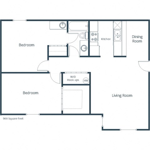 Floor plan for 2 beds, 1 bath, 900 sqft