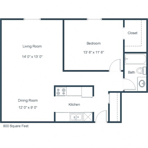 Floor plan for 1 bed, 1 bath, 800 sqft