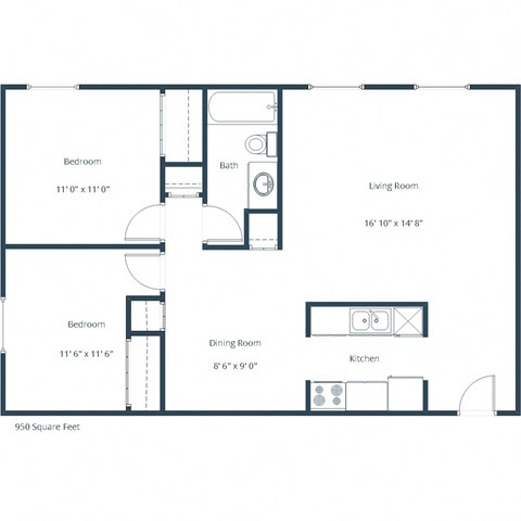 Floor plan for 2 beds, 1 bath, 950 sqft