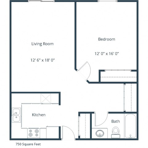 Floor plan for 1 bed, 1 bath, 750 sqft