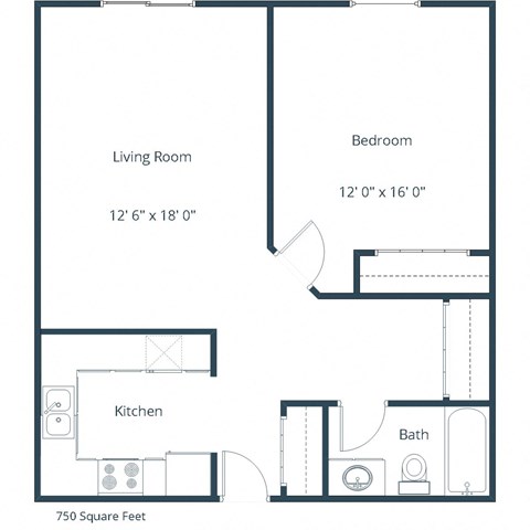Floor plan for 1 bed, 1 bath, 750 sqft