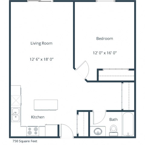 Floor plan for 1 bed, 1 bath, 750 sqft