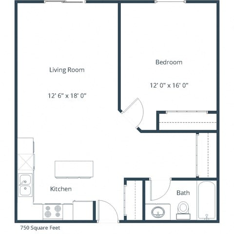 Floor plan for 1 bed, 1 bath, 750 sqft