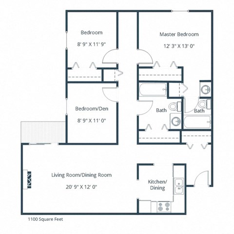 Floor plan for 3 beds, 2 baths, 1100 sqft