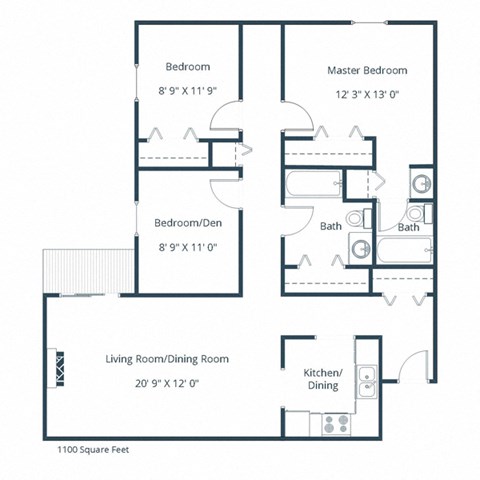Floor plan for 3 beds, 2 baths, 1100 sqft