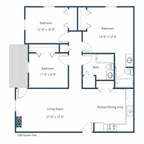 Floor plan for 3 beds, 2 baths, 1200 sqft