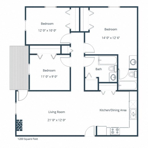 Floor plan for 3 beds, 2 baths, 1200 sqft
