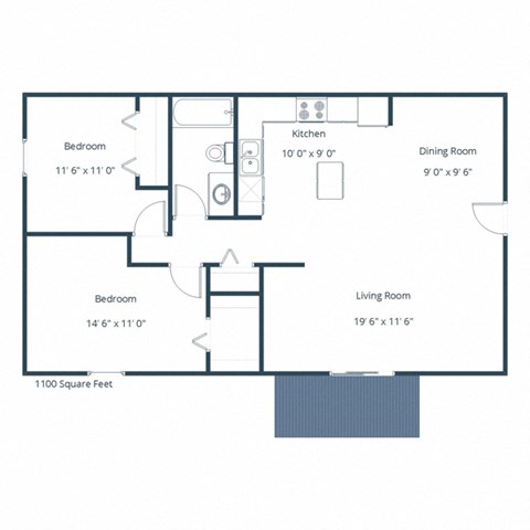 Floor plan for 2 beds, 1 bath, 1100 sqft