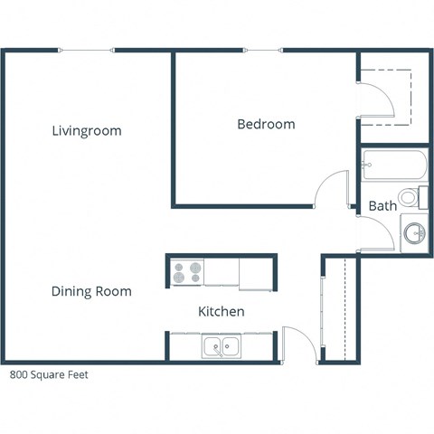 Floor plan for 1 bed, 1 bath, 800 sqft