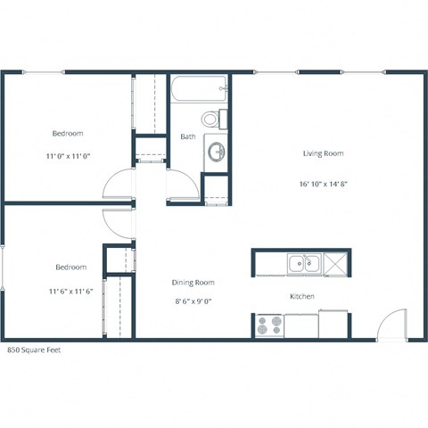 Floor plan for 2 beds, 1 bath, 950 sqft