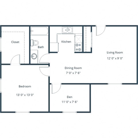 Floor plan for 1 bed, 1 bath, 650 sqft