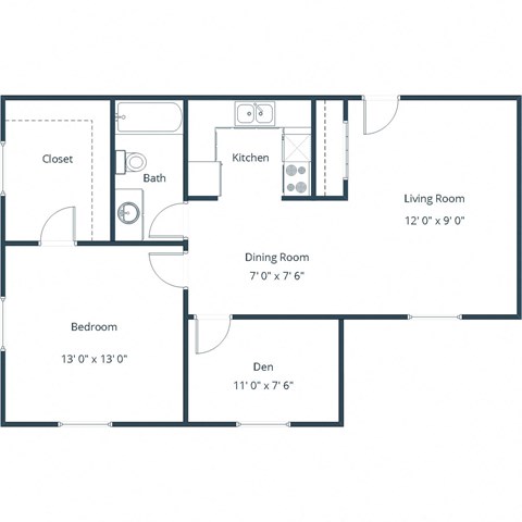 Floor plan for 1 bed, 1 bath, 650 sqft