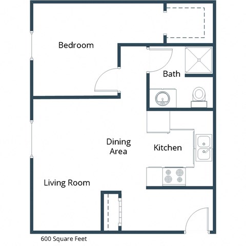 Floor plan for 1 bed, 0.8 baths, 600 sqft