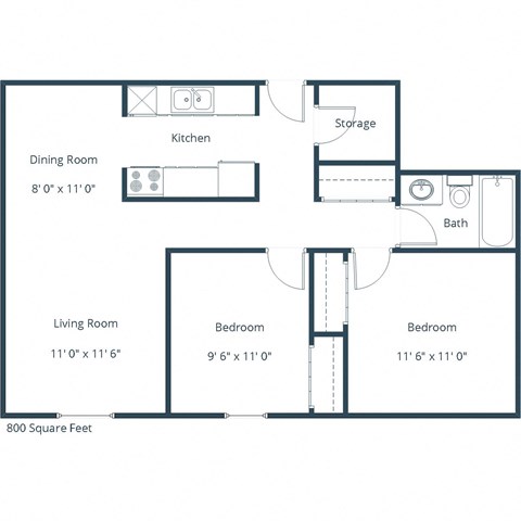 Floor plan for 2 beds, 1 bath, 800 sqft