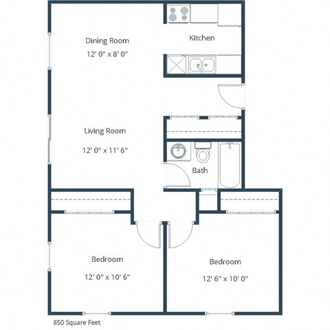 Floor plan for 2 beds, 1 bath, 850 sqft