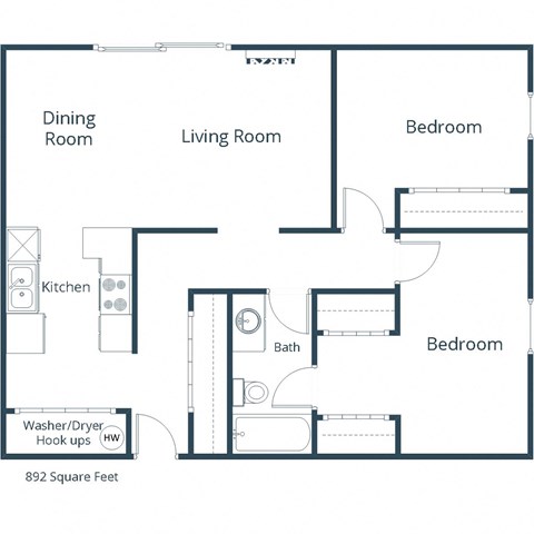 Floor plan for 2 beds, 1 bath, 931 sqft