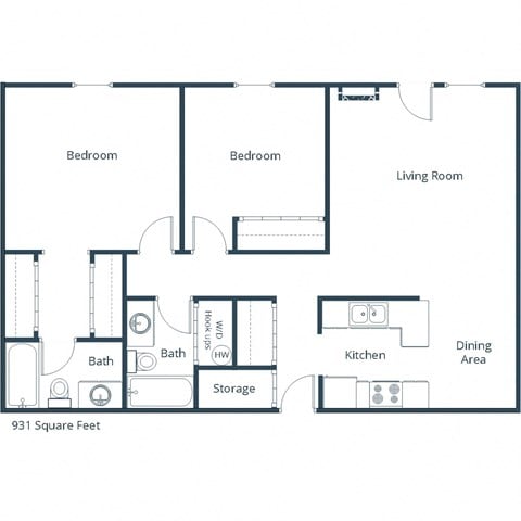 Floor plan for 2 beds, 2 baths, 931 sqft