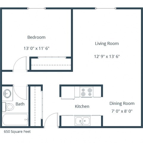 Floor plan for 1 bed, 1 bath