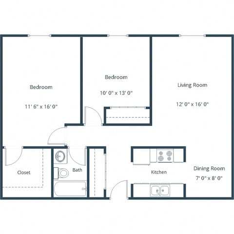 Floor plan for 2 beds, 1 bath, 850 sqft