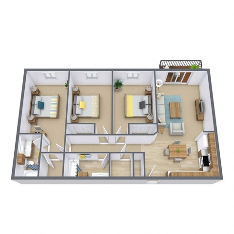 Floor plan for 3 beds, 2 baths, 1008 sqft