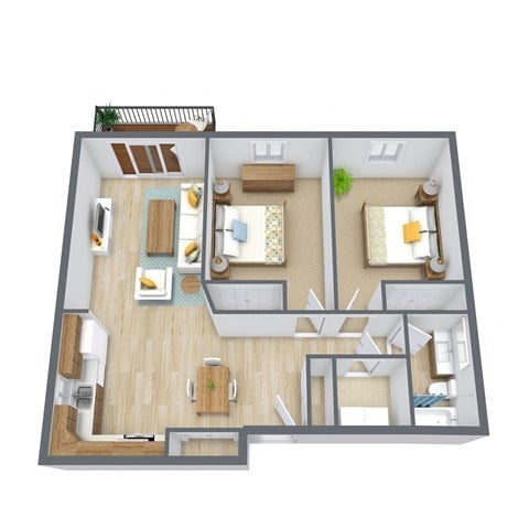 Floor plan for 2 beds, 1 bath, 915 sqft