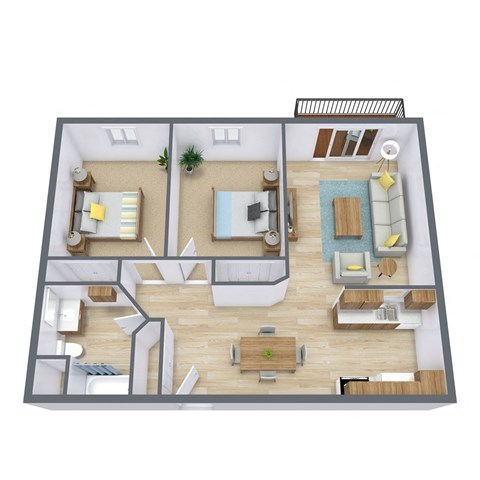 Floor plan for 2 beds, 1 bath, 912 sqft