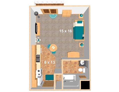 Floor plan for studio, 1 bath, 525 sqft